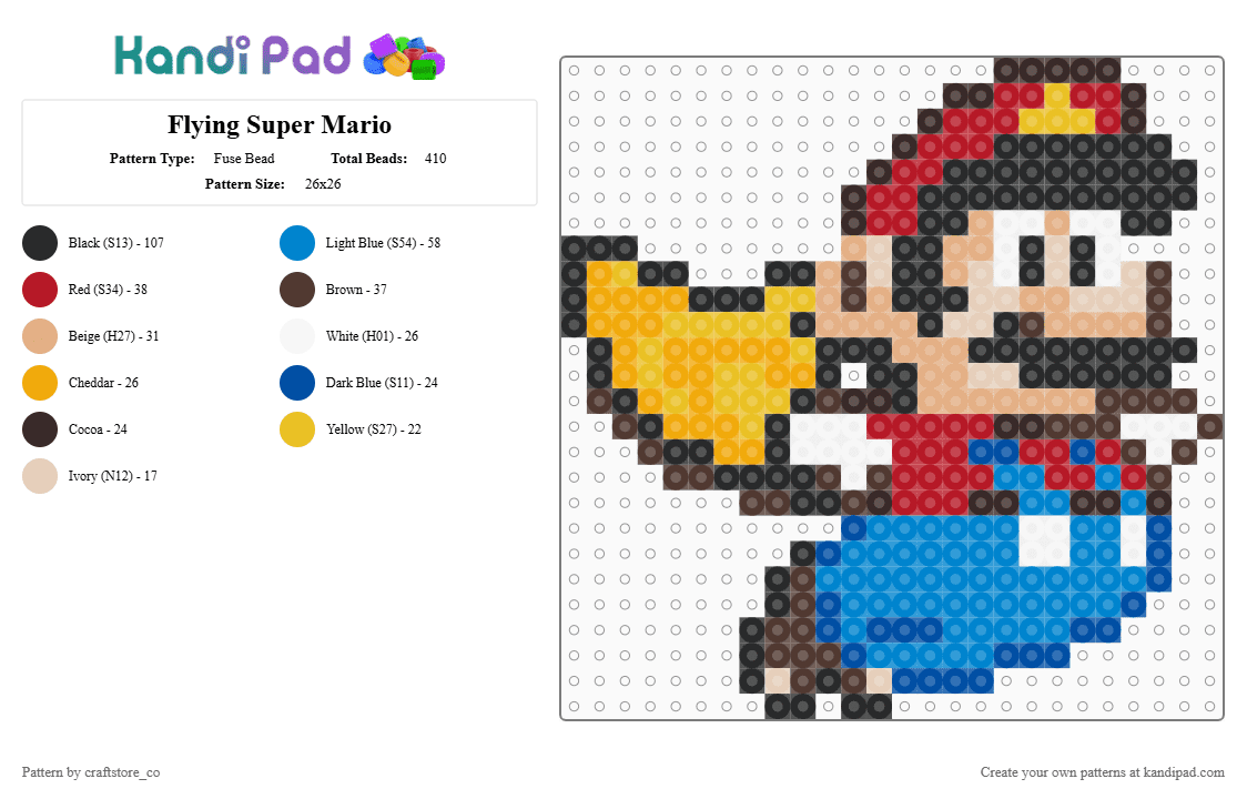 Flying Super Mario - Fuse Bead Pattern by craftstore_co on Kandi Pad - brown,blue,beige,super mario,nintendo,super nintendo,super,mario,flying,power,classic
