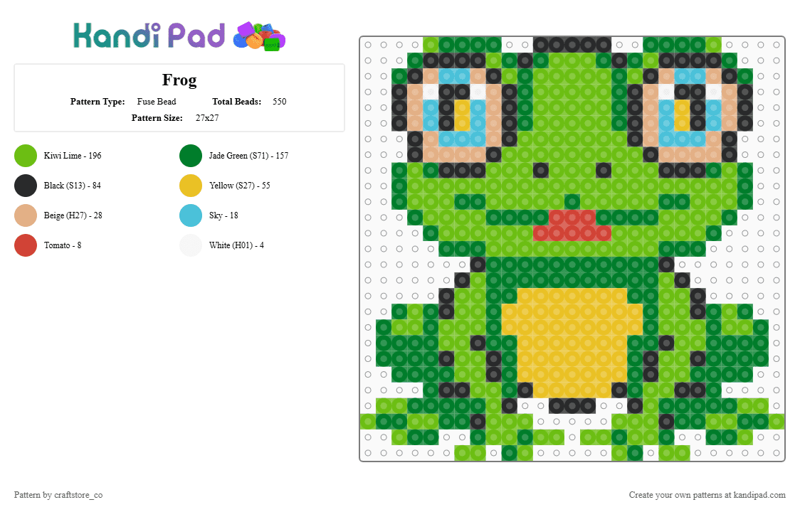 Frog - Fuse Bead Pattern by craftstore_co on Kandi Pad - green,frog,animal,froggy,smile,smiling