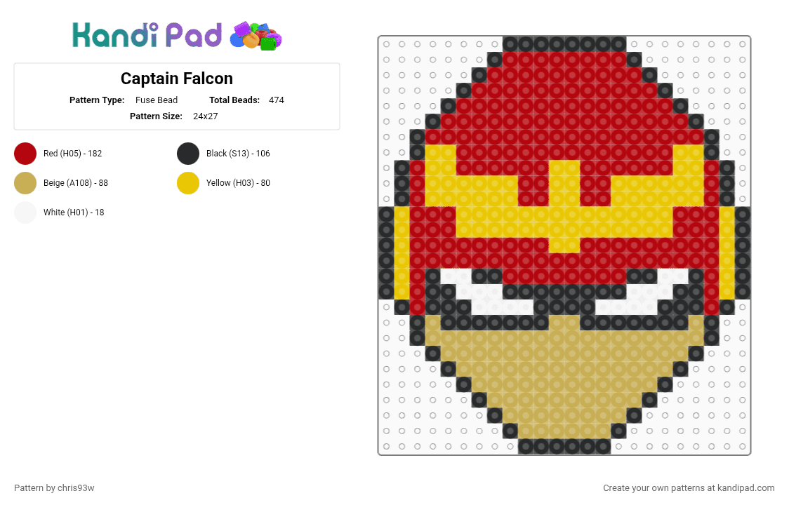 Captain Falcon - Fuse Bead Pattern by craftstore_co on Kandi Pad - yellow,red,captain falcon,captain,falcon,nintendo,29x29