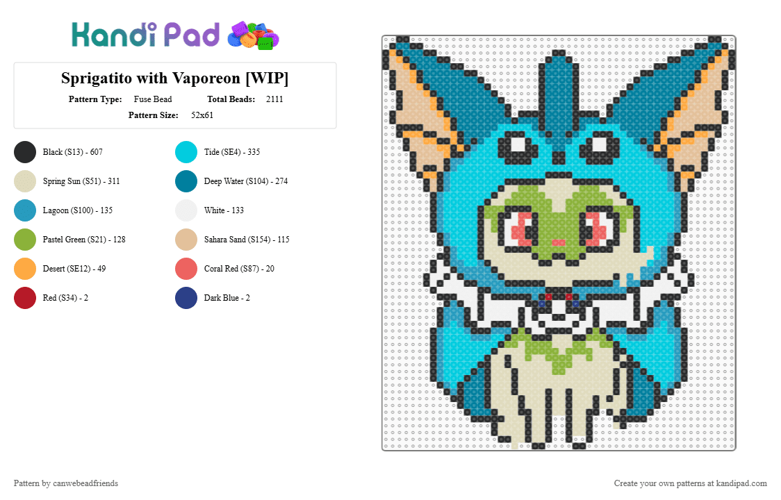 Sprigatito with Vaporeon [WIP] - Fuse Bead Pattern by canwebeadfriends on Kandi Pad - beige, light blue, teal