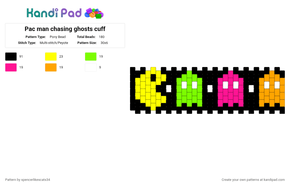 Pac man chasing ghosts cuff - Pony Bead Pattern by spencerlikescats34 on Kandi Pad - black,green,orange,colorful