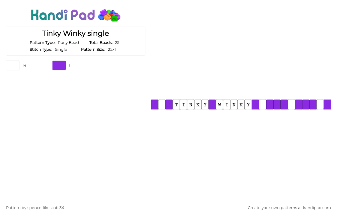 Tinky Winky single - Pony Bead Pattern by spencerlikescats34 on Kandi Pad - white,purple