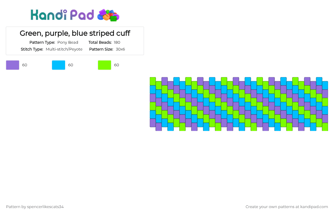 Green, purple, blue striped cuff - Pony Bead Pattern by spencerlikescats34 on Kandi Pad - purple,light blue,green