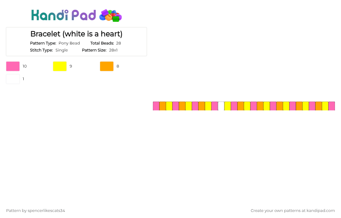 Bracelet (white is a heart) - Pony Bead Pattern by spencerlikescats34 on Kandi Pad - pink,yellow