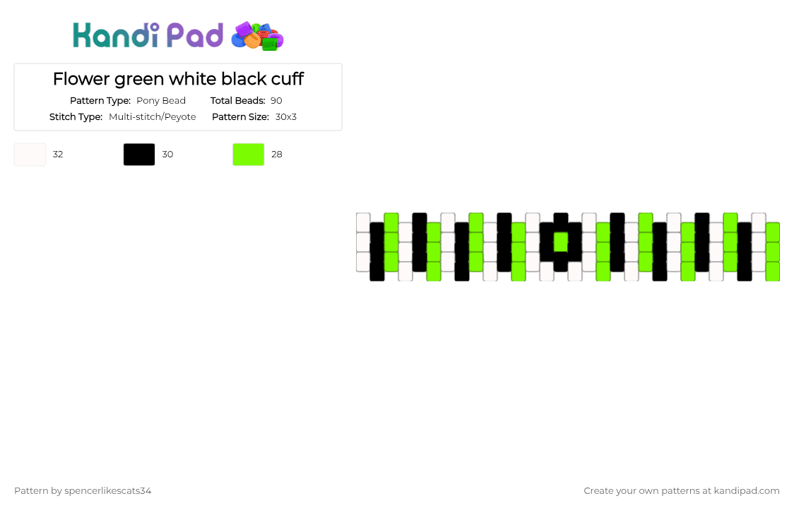 Flower green white black cuff - Pony Bead Pattern by spencerlikescats34 on Kandi Pad - green, white
