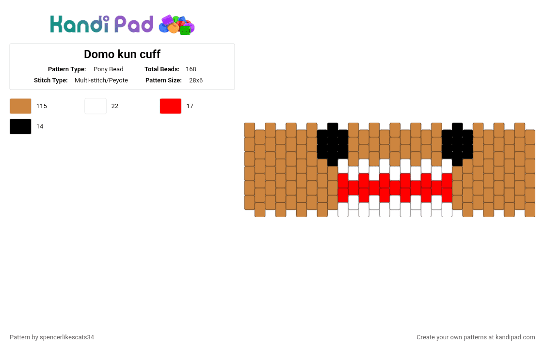 Domo kun cuff - Pony Bead Pattern by spencerlikescats34 on Kandi Pad - orange