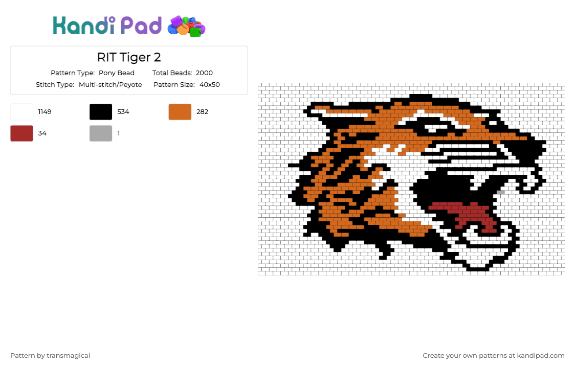 RIT Tiger 2 - Pony Bead Pattern by transmagical on Kandi Pad - white,orange
