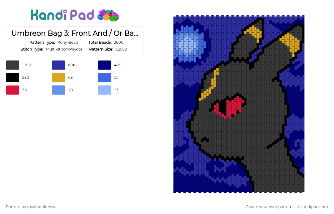 Umbreon Bag 3: Front Panel - Pony Bead Pattern by royalhonkness on Kandi Pad - black,purple,pokemon,umbreon,eevee,bag,panel,blue,evolution