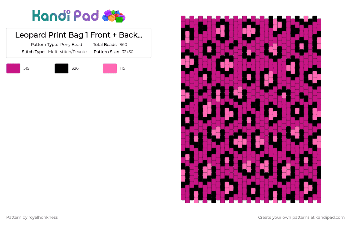 Animal Print Bag 1: Front + Back Panel (Option 1) - Pony Bead Pattern by royalhonkness on Kandi Pad - black,pink,bag,light pink,animal print,mcbling,leopard,y2k