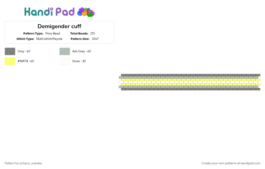 Demigender cuff - Pony Bead Pattern by ochaco_uraraka on Kandi Pad - beige, demigender, gray, lgbtq, pride, yellow