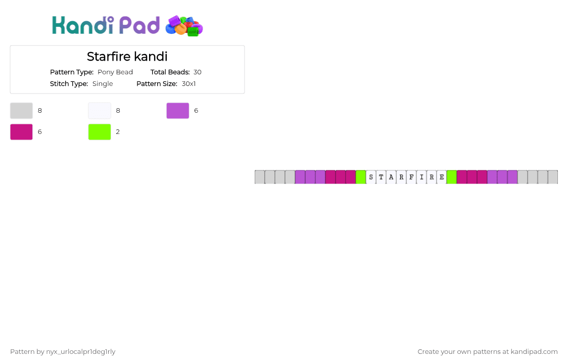 Starfire kandi - Pony Bead Pattern by ochaco_uraraka on Kandi Pad - pink,starfire,kandi,green,gray,teen titans go,kandi single,purple