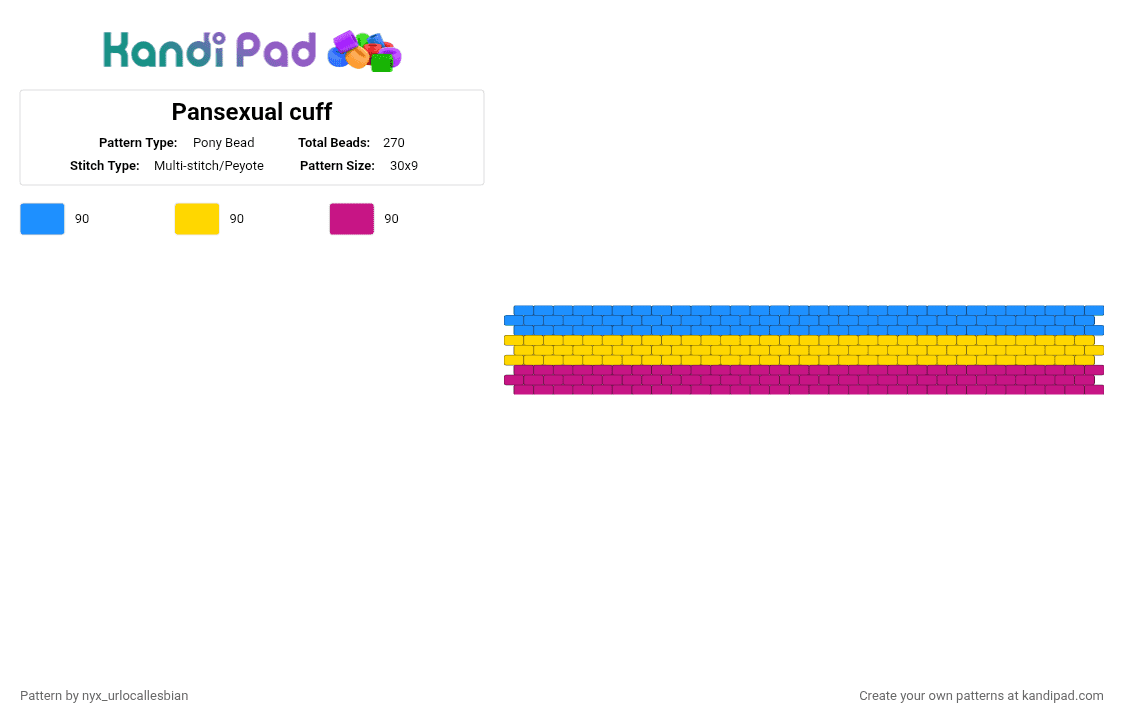 Pansexual cuff - Pony Bead Pattern by ochaco_uraraka on Kandi Pad - light blue,yellow,pink