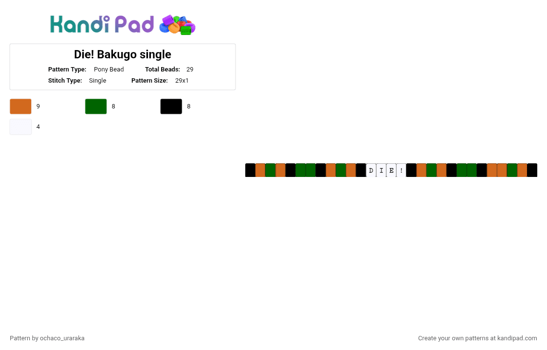 Die! Bakugo single - Pony Bead Pattern by ochaco_uraraka on Kandi Pad - green, orange