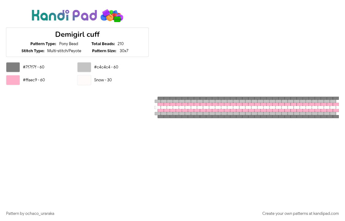 Demigirl cuff - Pony Bead Pattern by ochaco_uraraka on Kandi Pad - beige, gray, pink