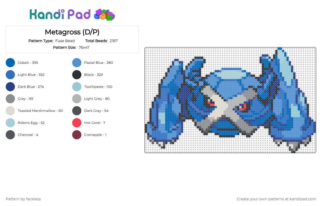 Metagross (D/P) - Fuse Bead Pattern by faceless on Kandi Pad - blue,light blue,pokemon,pokemon diamondpearl,metagross