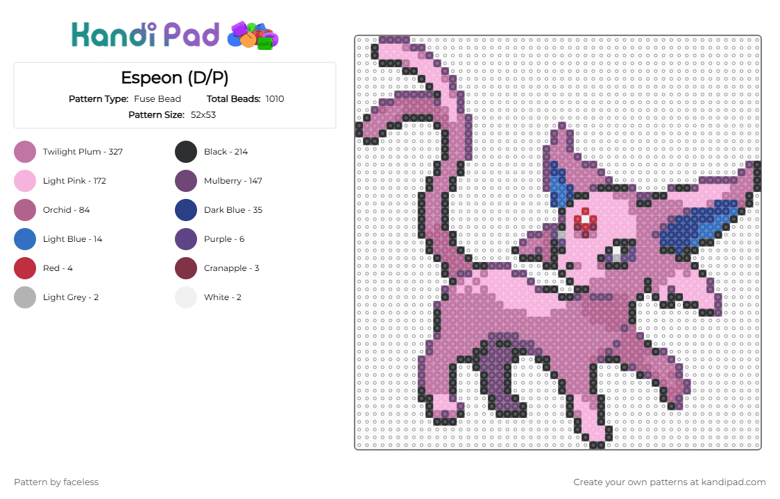 Espeon (D/P) - Fuse Bead Pattern by faceless on Kandi Pad - eeveelution, espeon, gen 2, pink, pokemon, pokemon diamondpearl
