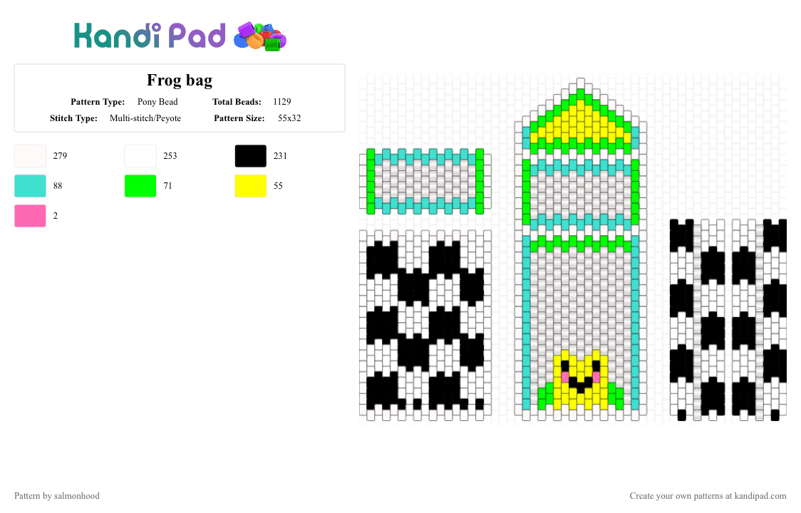 Frog bag - Pony Bead Pattern by salmonhood on Kandi Pad - white,green,light blue,yellow