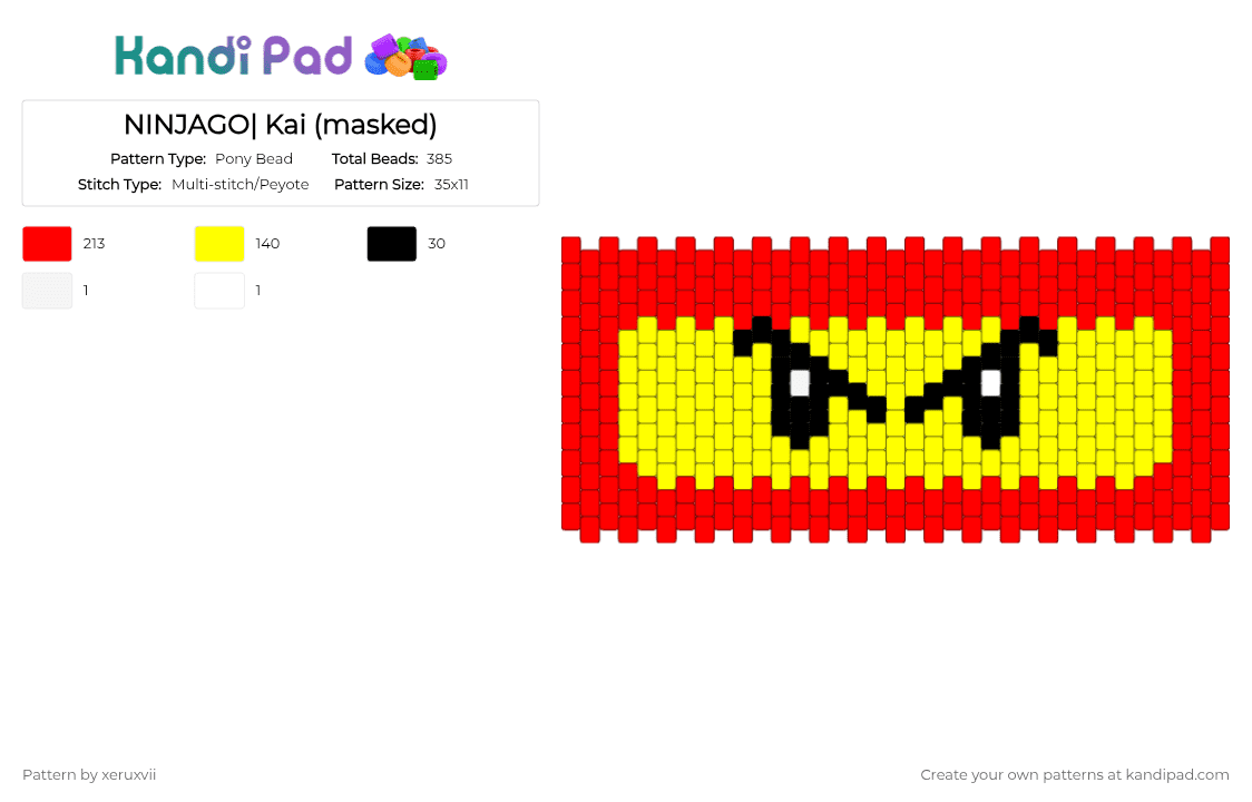 NINJAGO| Kai (masked) - Pony Bead Pattern by xeruxvii on Kandi Pad - red,yellow,ninjago,kai smith,red ninja,fire ninja
