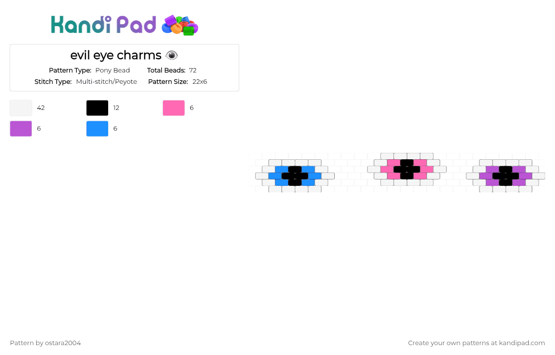 evil eye charms 👁 - Pony Bead Pattern by ostara2004 on Kandi Pad - white,pink,light blue