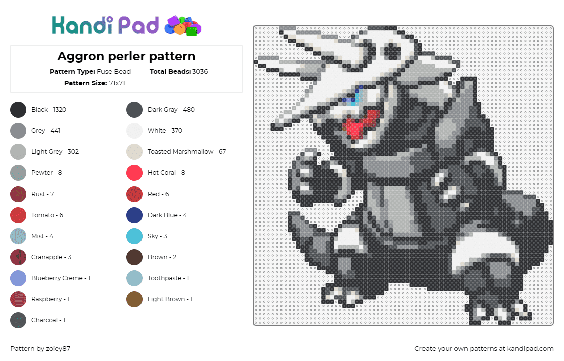 Aggron perler pattern - Fuse Bead Pattern by zoiey87 on Kandi Pad - aggron,pokemon,evolution,lairon,character,gaming,anime,black,gray,white