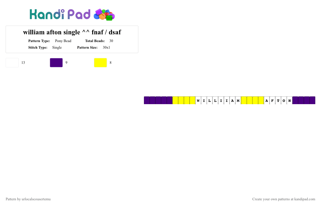 william afton single ^^ fnaf / dsaf - Pony Bead Pattern by urlocalscousertemu on Kandi Pad - purple,yellow,fnaf,dsaf,william afton
