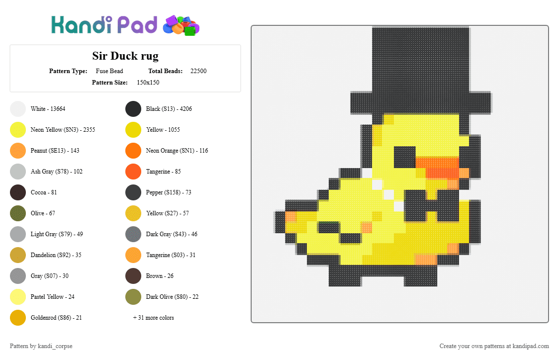 Sir Duck rug - Fuse Bead Pattern by yuri_purple_hair on Kandi Pad - white,yellow