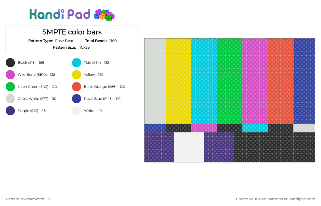 SMPTE color bars - Fuse Bead Pattern by mametchi165 on Kandi Pad - beep, light blue, pink, purple, retro, tv