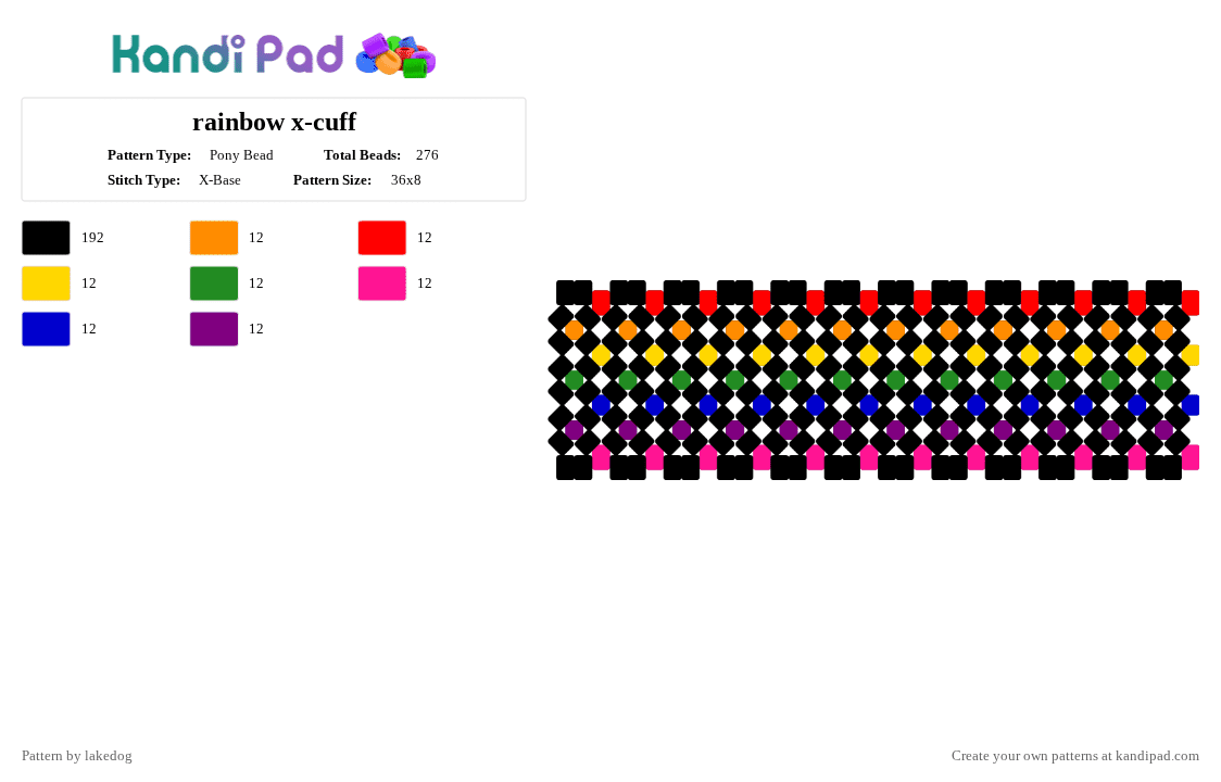 rainbow x-base - Pony Bead Pattern by lakedog on Kandi Pad - black, cuff, pink, rainbow, xbase