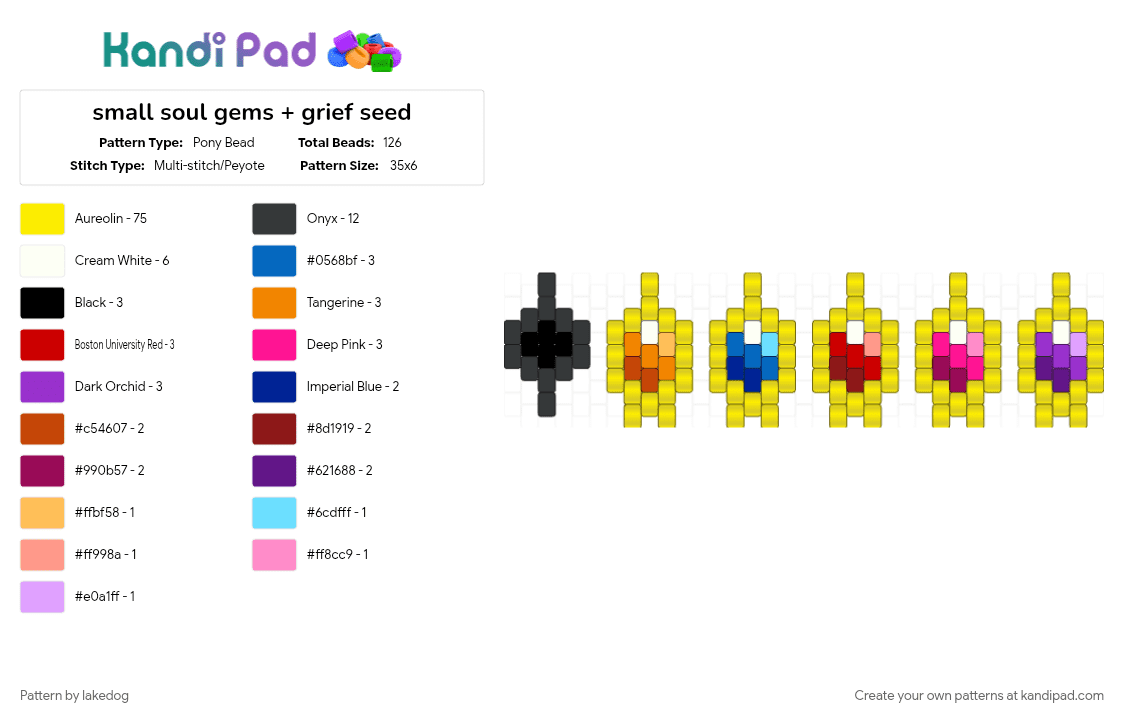 small soul gems + grief seed - Pony Bead Pattern by lakedog on Kandi Pad - grief seed, homura akemi, kyoko sakura, madoka kaname, madoka magica, mami tomoe, pmmm, sayaka miki, yellow