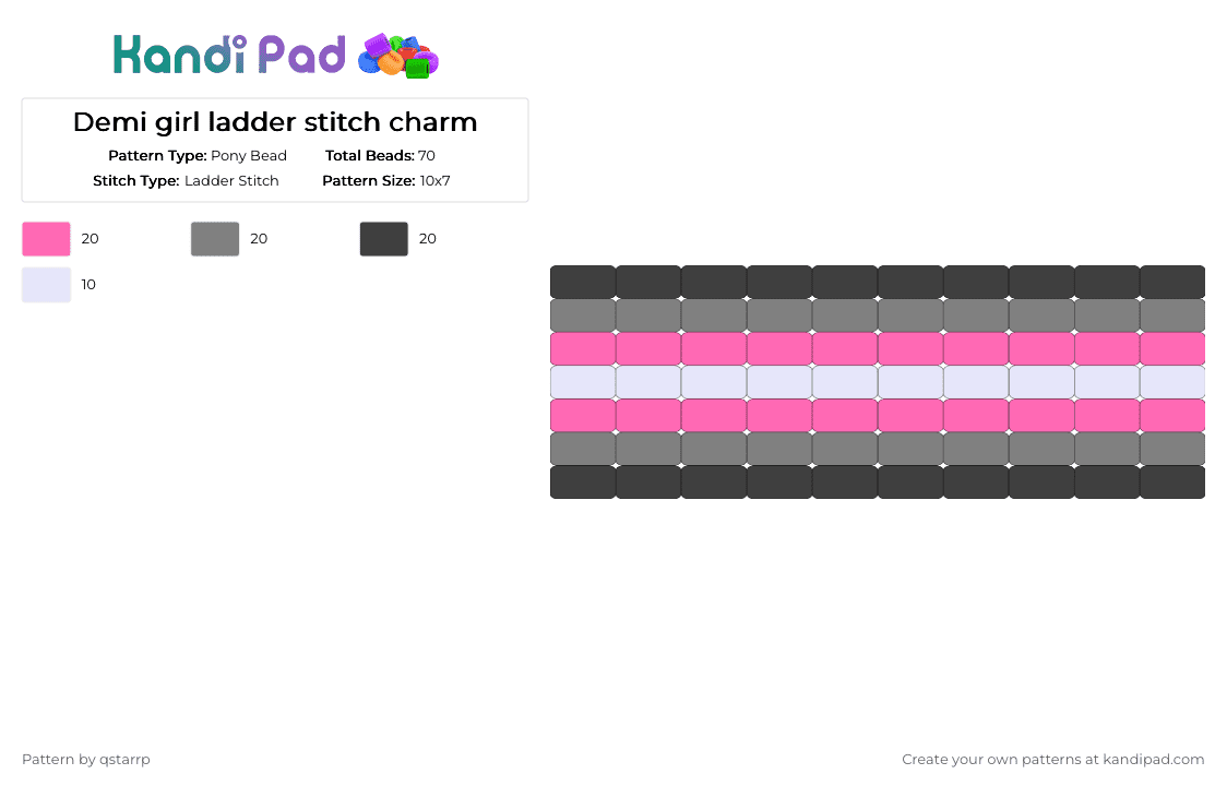 Demi girl ladder stitch charm - Pony Bead Pattern by qstarrp on Kandi Pad - pink,gray,demigirl,tiny,ladderstitch,mrbeast,bob ross,yaaa
