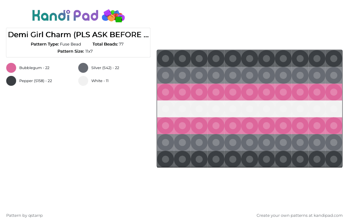 Demi Girl Charm (PLS ASK BEFORE REMIXING) - Fuse Bead Pattern by qstarrp on Kandi Pad - pink,gray,demigirl,flag,pride,demiboy,idk,yippie,adhdfrfr