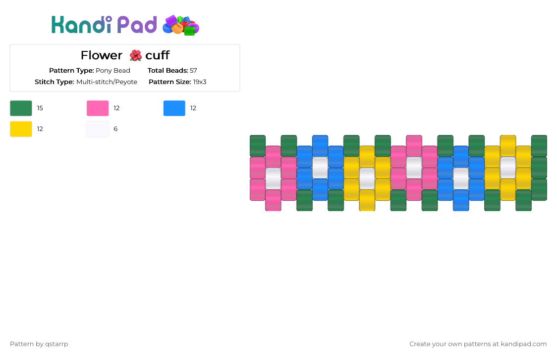 Flower  🌺 cuff - Pony Bead Pattern by qstarrp on Kandi Pad - pink,light blue,yellow,green,flower