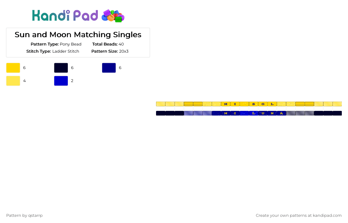 Sun and Moon Matching Singles - Pony Bead Pattern by qstarrp on Kandi Pad - yellow,purple,moon,sun,blue,orange,night,morning,yay