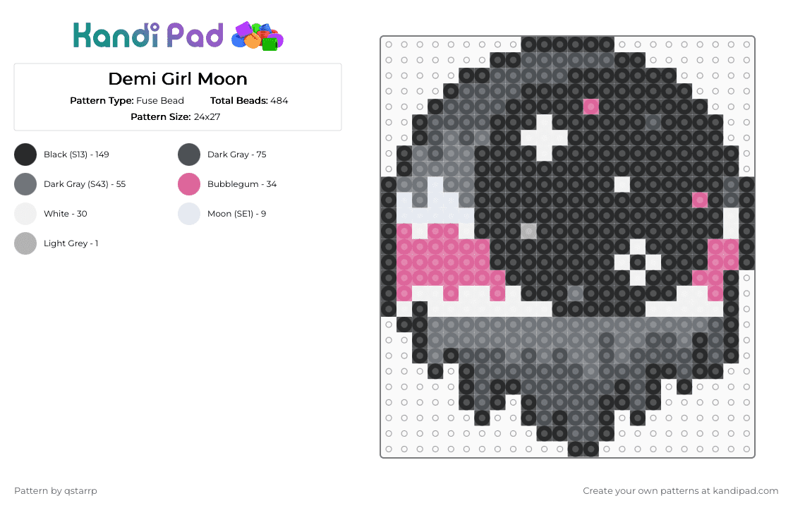 Demi Girl Moon - Fuse Bead Pattern by qstarrp on Kandi Pad - black,gray,demigirl,moon,sparkle,meduim,cute,flag,pride,charm