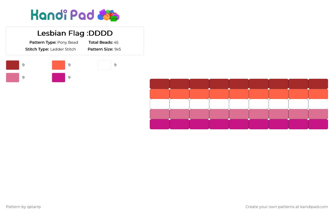 Lesbian Flag :DDDD - Pony Bead Pattern by qstarrp on Kandi Pad - red,pink,lesbian,pride,small,ladderstitch,girlinred,theresoprettyithurtsimnot,talkingboutboysimtalkingbout,girls
