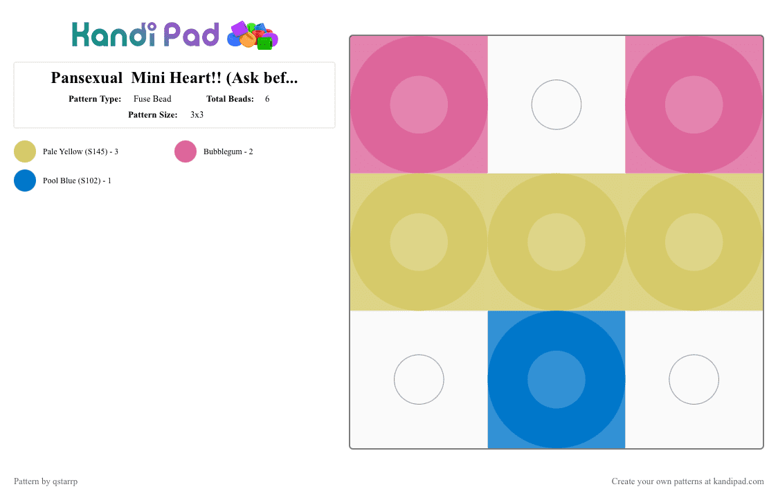 Pansexual  Mini Heart!! (Ask before remixingj - Fuse Bead Pattern by qstarrp on Kandi Pad - pink,yellow,pansexul,heart,min,easy,simple,mini,sigma,yahhhh