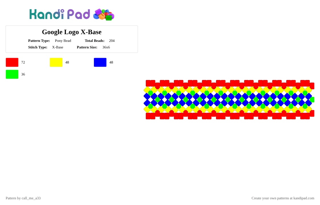 Google Logo X-Base - Pony Bead Pattern by call_me_a33 on Kandi Pad - red,yellow,purple,google,logos,kandi,xbase,cuff,bracelet,colorful