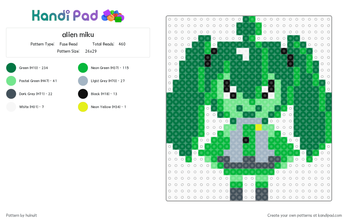 alien miku - Fuse Bead Pattern by huinuit on Kandi Pad - green,miku,hatsune miku,alien
