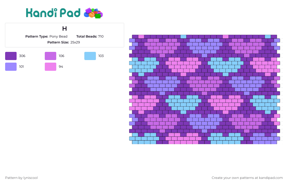 H - Pony Bead Pattern by lyniscool on Kandi Pad - hearts,panel,pastel,affection,warmth,interlocking,soft,weave,tapestry,purple,pink,light blue