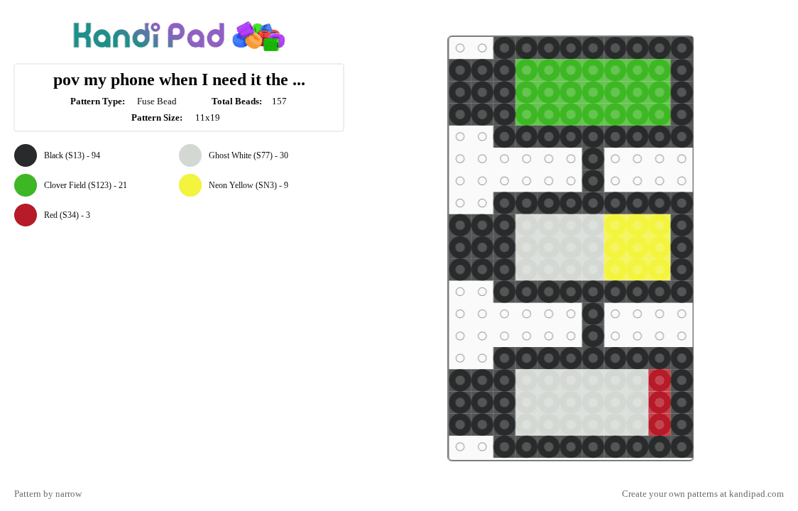 pov my phone when I need it the most - Fuse Bead Pattern by narrow on Kandi Pad - black,green