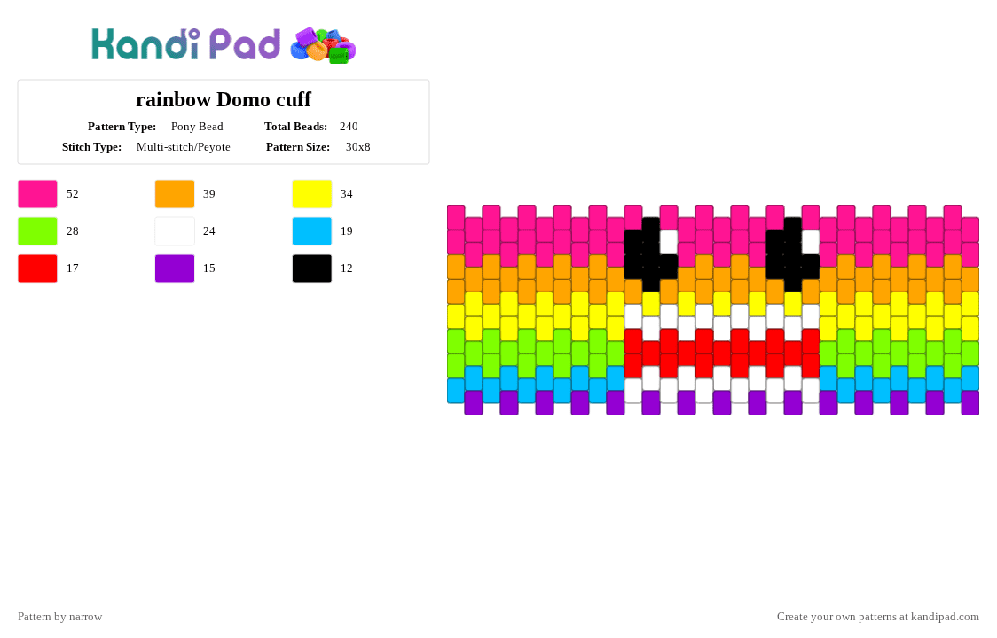 rainbow Domo cuff - Pony Bead Pattern by narrow on Kandi Pad - pink,orange,yellow,green