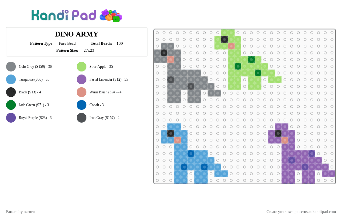 DINO ARMY - Fuse Bead Pattern by narrow on Kandi Pad - green,light blue,pink,gray