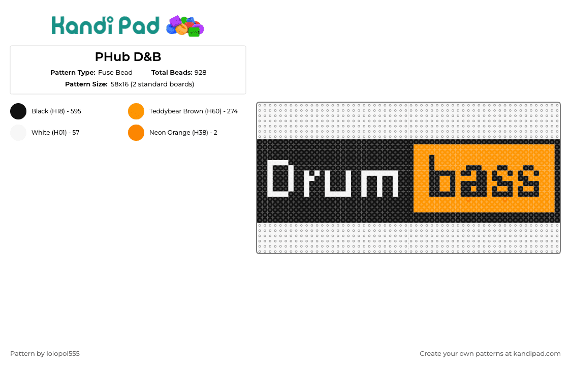 PHub D&B - Fuse Bead Pattern by lolopol555 on Kandi Pad - drum and bass,logo,edm,music,afficionado,resonate,electronic,rhythm,energetic,black,orange
