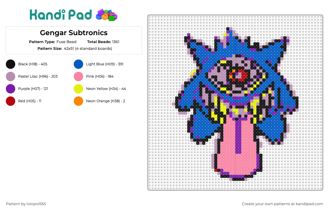 Gengar Subtronics - Fuse Bead Pattern by lolopol555 on Kandi Pad - subtronics,gengar,pokemon,dj,edm,music,mashup,blue,purple