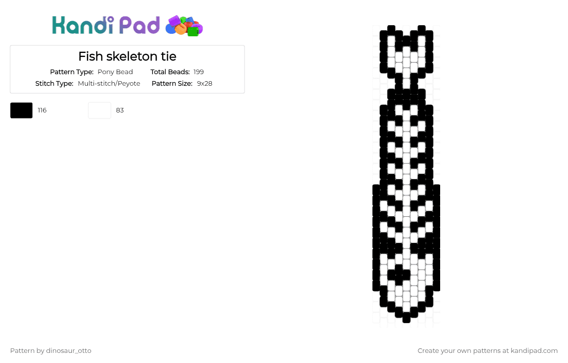 Fish skeleton tie - Pony Bead Pattern by dinosaur_otto on Kandi Pad - black,white,cotdfishing,fish,tie,peyote,skeleton,bone,fish skeleton,fish bone