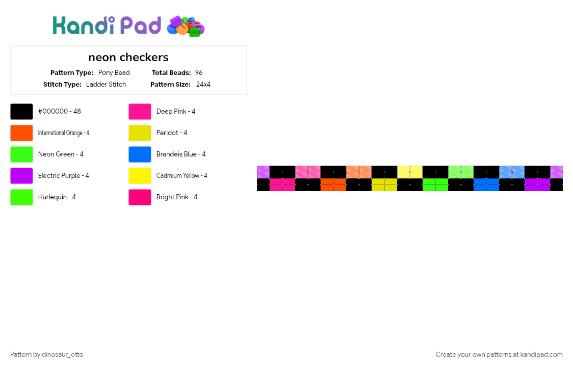neon checkers - Pony Bead Pattern by dinosaur_otto on Kandi Pad - black, checker, colorful, green, neon, orange, purple, rainbow, scene, scenecore