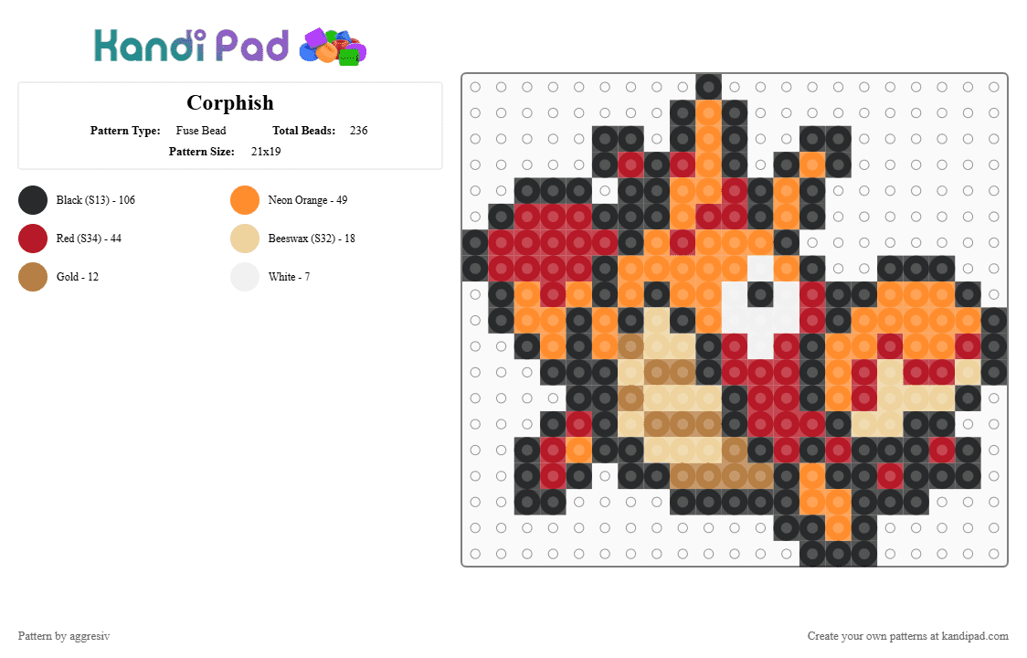 Corphish - Fuse Bead Pattern by aggresiv on Kandi Pad - orange,red