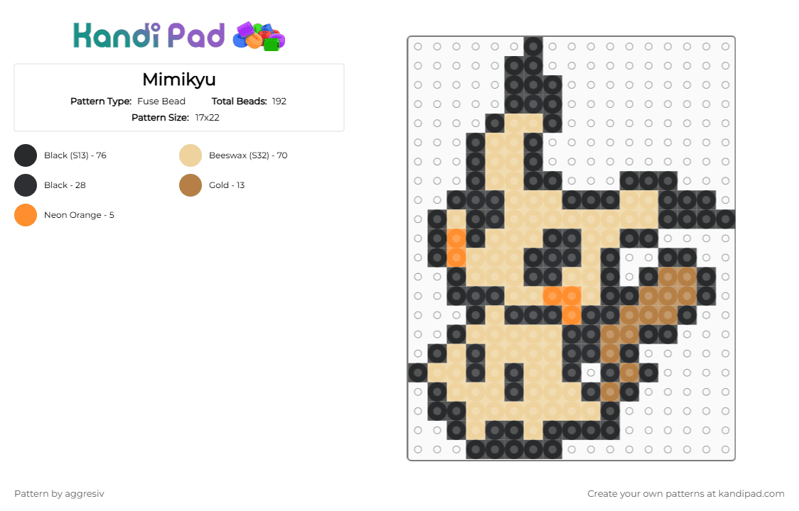 Mimikyu - Fuse Bead Pattern by aggresiv on Kandi Pad - black,beige