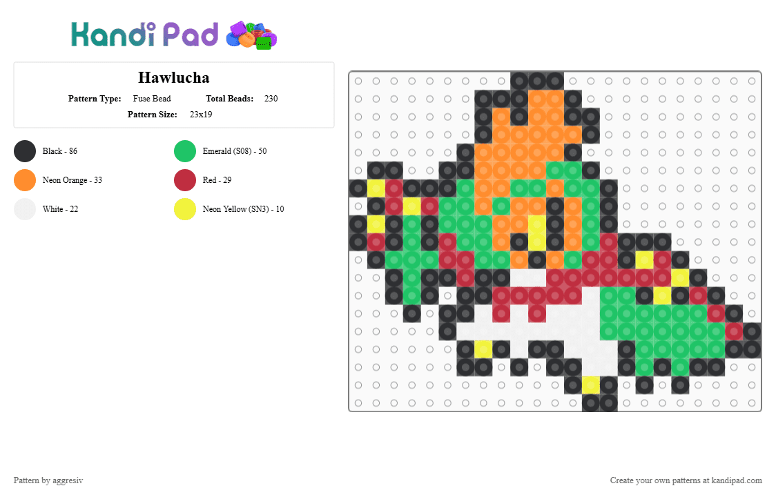 Hawlucha - Fuse Bead Pattern by aggresiv on Kandi Pad - green, orange, red