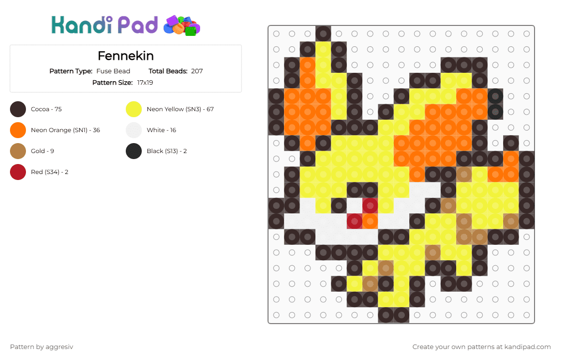 Fennekin - Fuse Bead Pattern by aggresiv on Kandi Pad - brown,yellow,orange